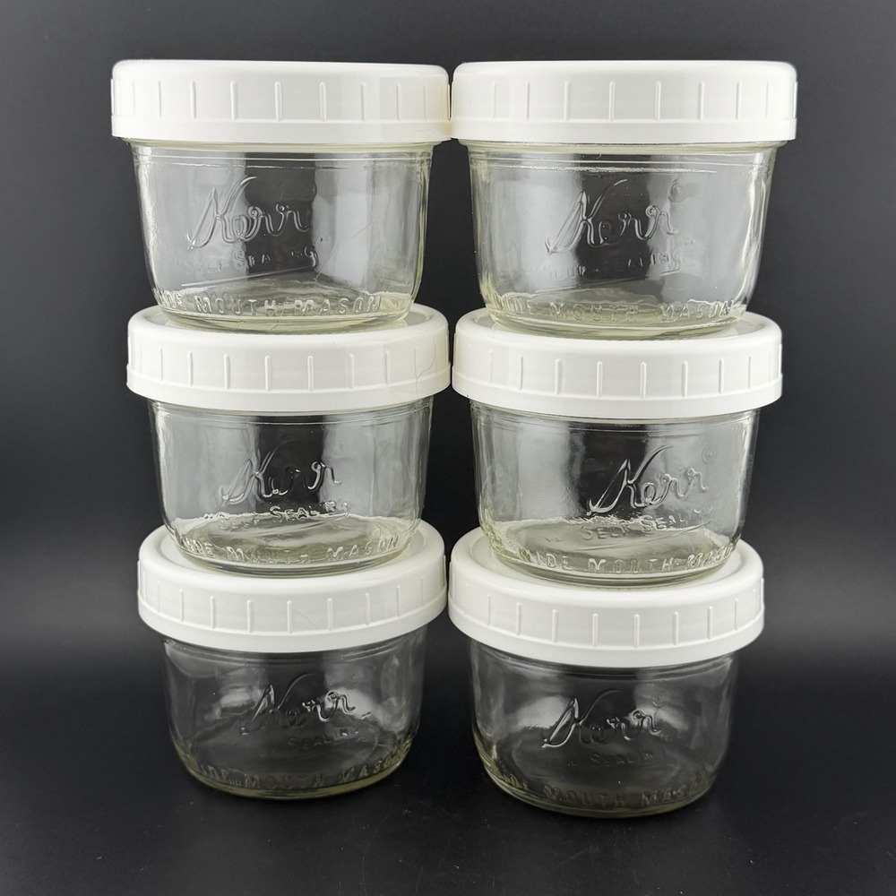 Vintage Kerr Wide Mouth Mason Jars 6 Pack With White Lids